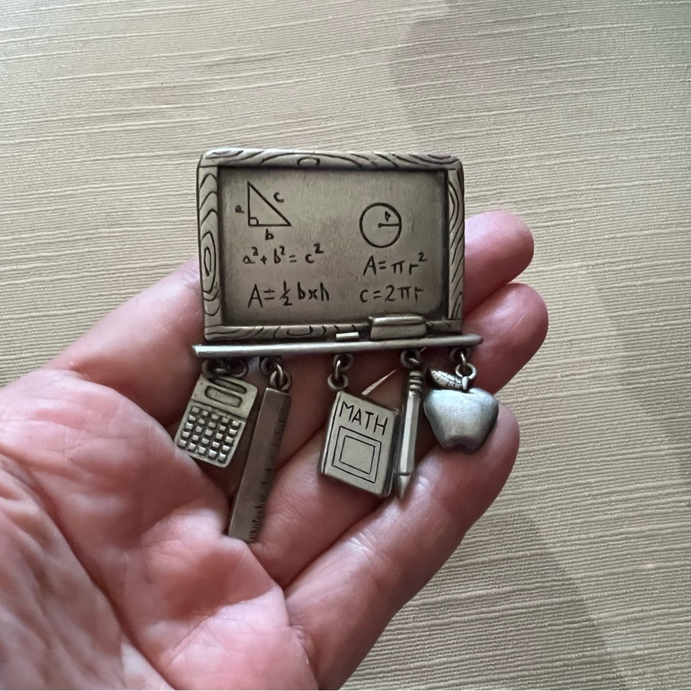 Vintage JJ Brooch Pewter Algebra Blackboard Math Calculator Ruler Charms Jonette
